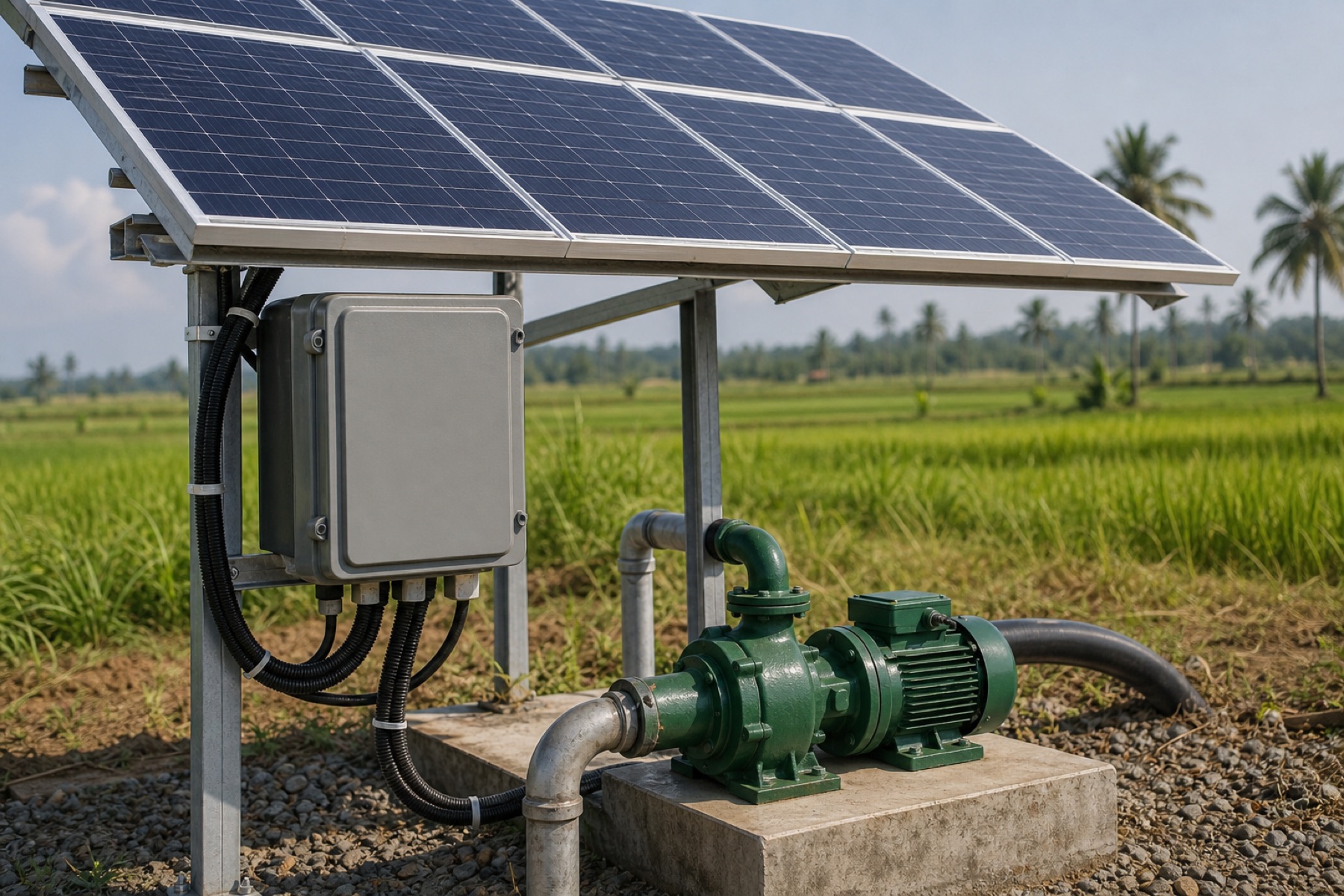 Rangkaian panel surya, kotak kontrol, dan pompa di tepi sawah